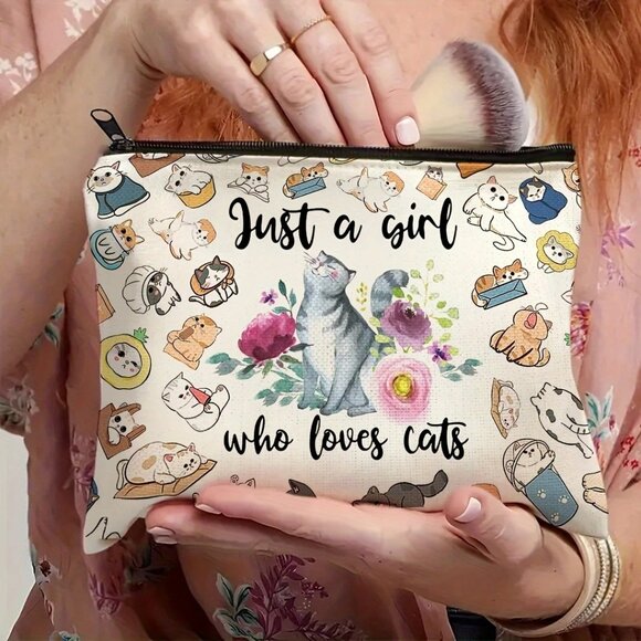 NWOT Cat-Themed Zipper Pouch With "Just A Girl Who Loves Cats" Print - Picture 2 of 2